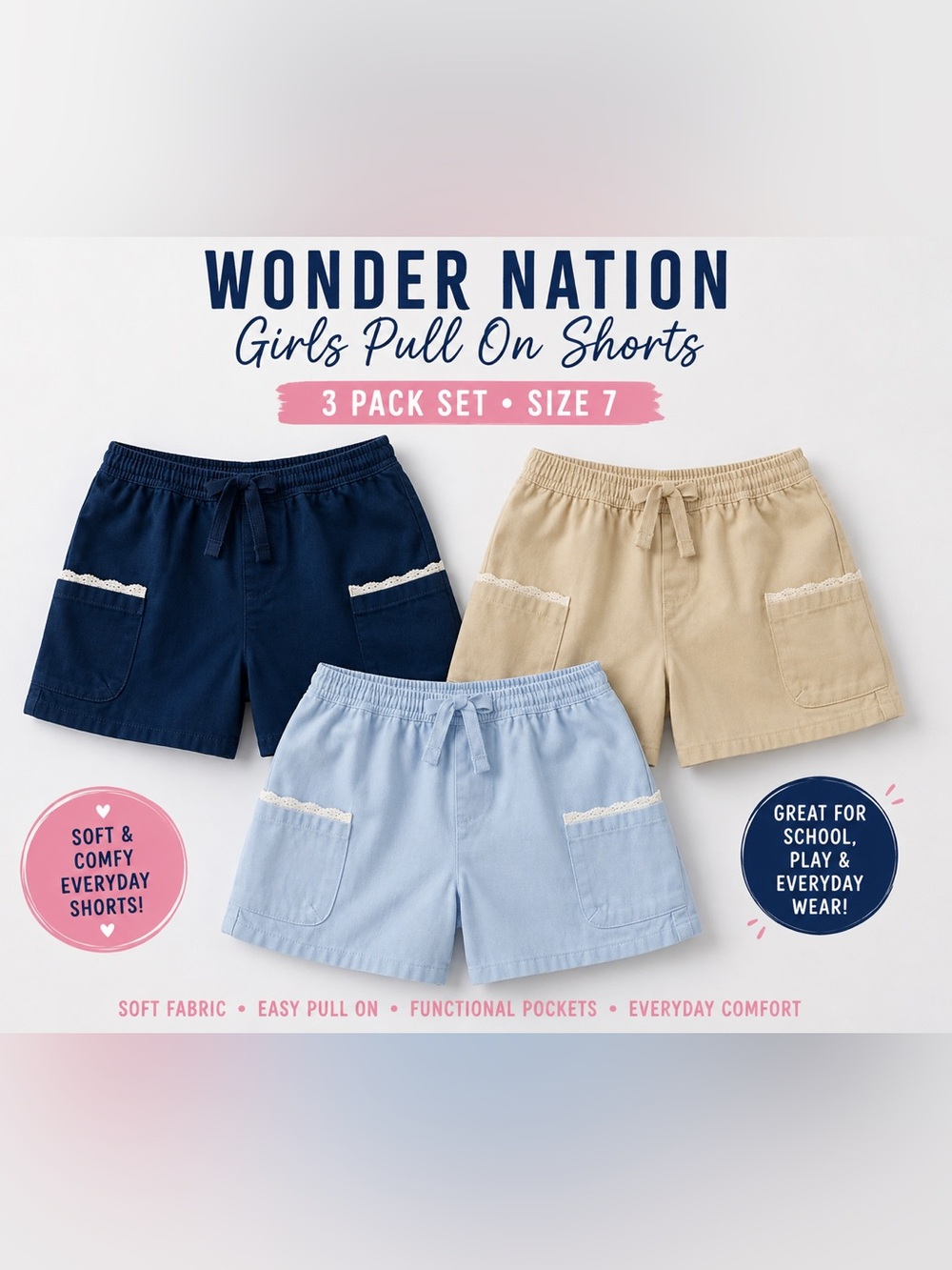 NWT Set of 3 Wonder Nation Girls Pull On Shorts